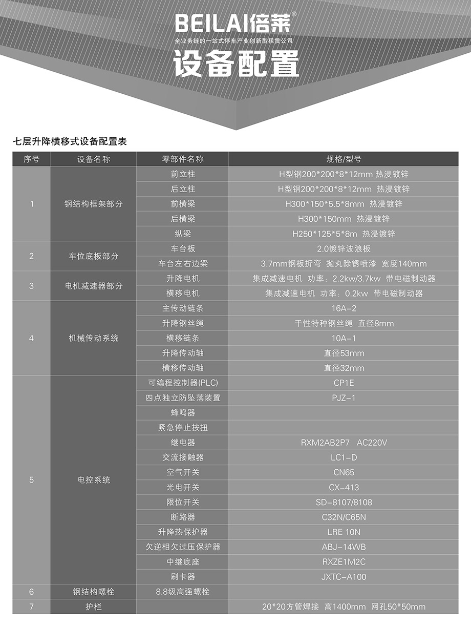 PSH7七层升降横移立体停车设备设备配置